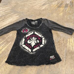 Vintage Affliction Women’s Y2K V-Neck Faded T-Shirt 3/4 sleeves Size M Live Fast